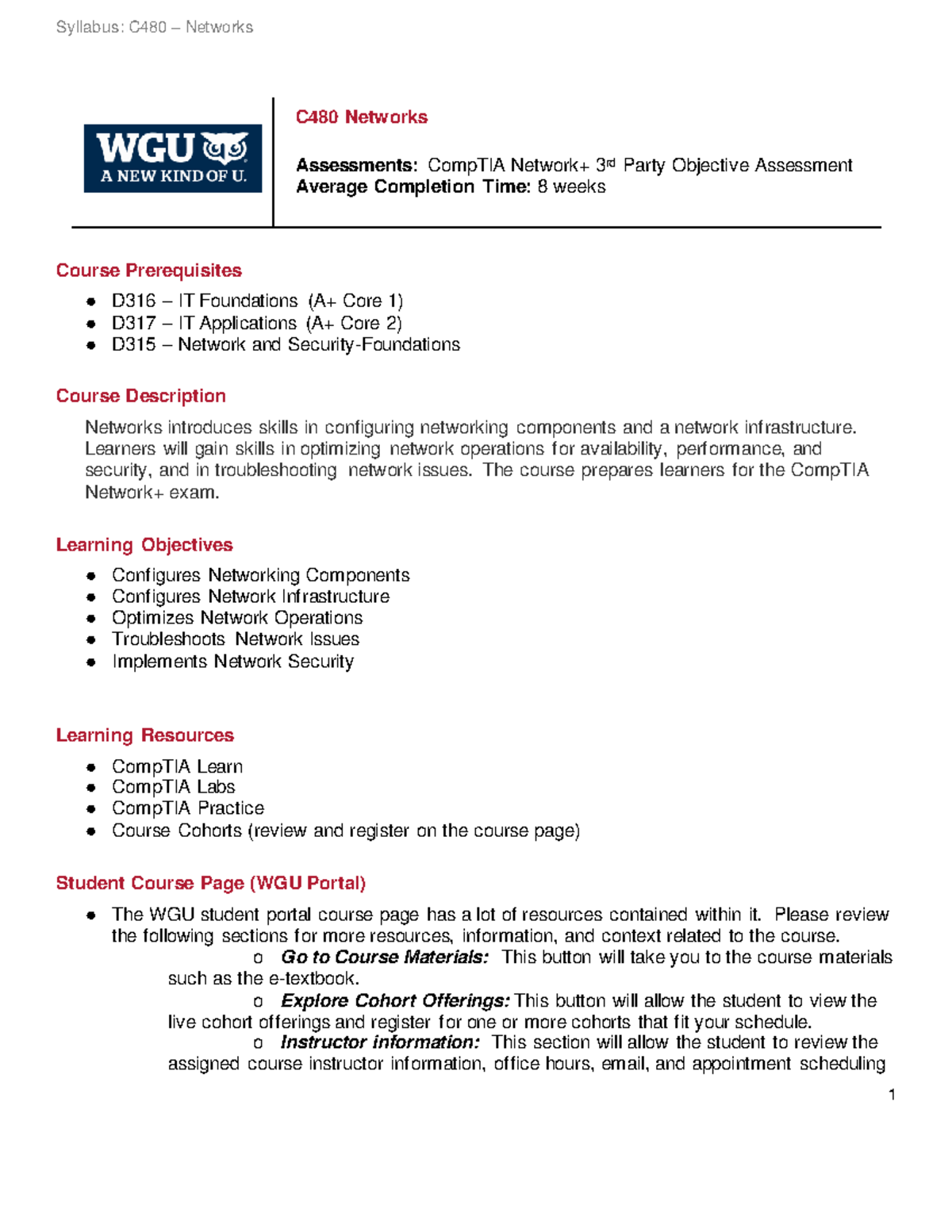 WGU Syllabus: C480 Networks Course Overview and Learning Outcomes - Studocu