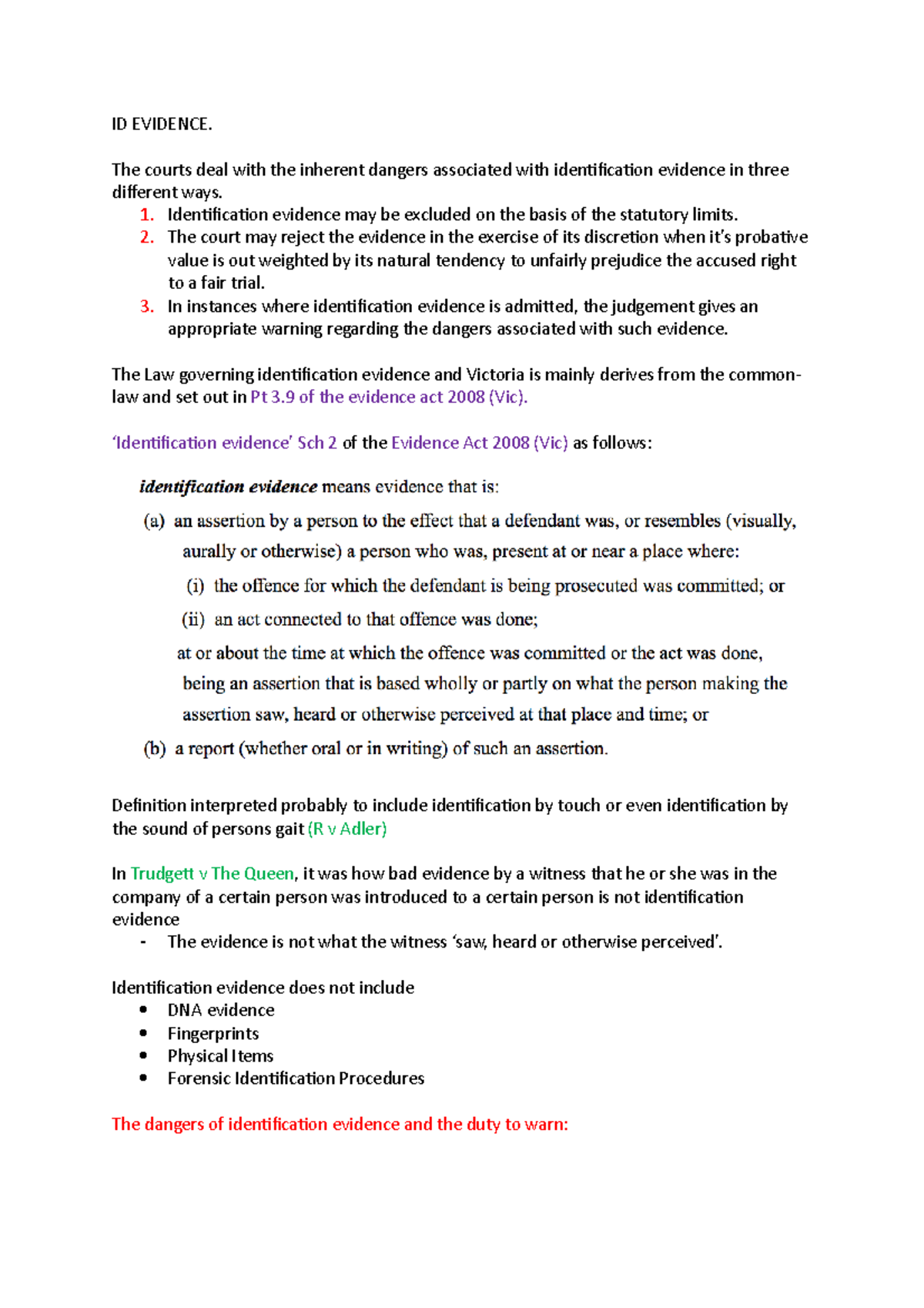 Notes on ID Evidence - ID EVIDENCE. The courts deal with the inherent ...