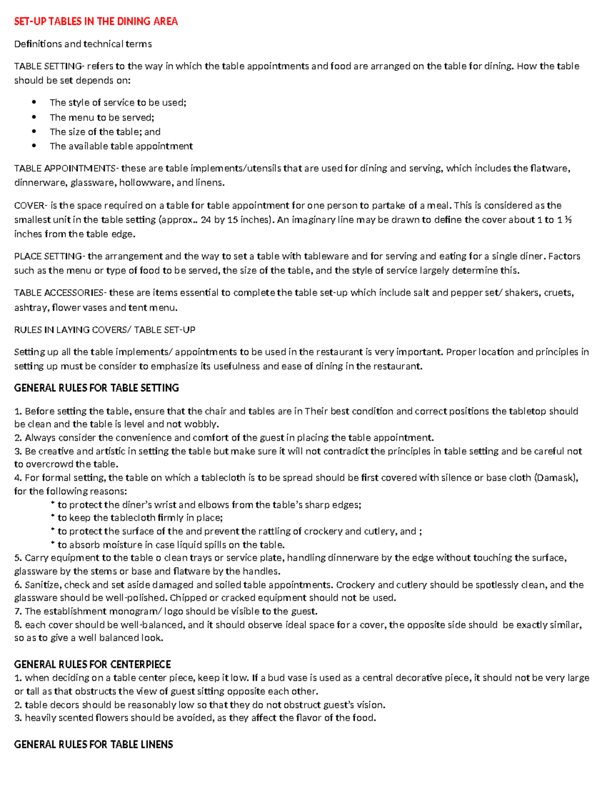 SET-UP TABLE: Definitions and Guidelines for Dining Area (AUD 101 ...