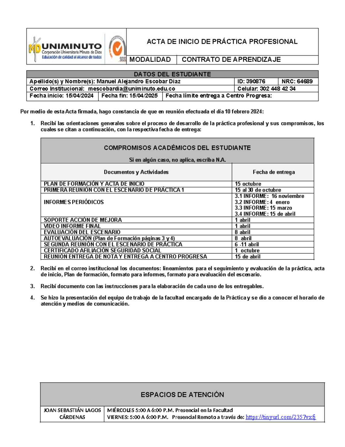 1. ACTA DE Inicio DE Práctica - ACTA DE INICIO DE PRÁCTICA PROFESIONAL ...