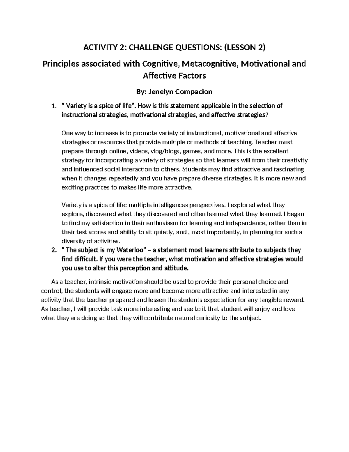 Activity 2 - Challenge Questions on Cognitive & Affective Factors - Studocu