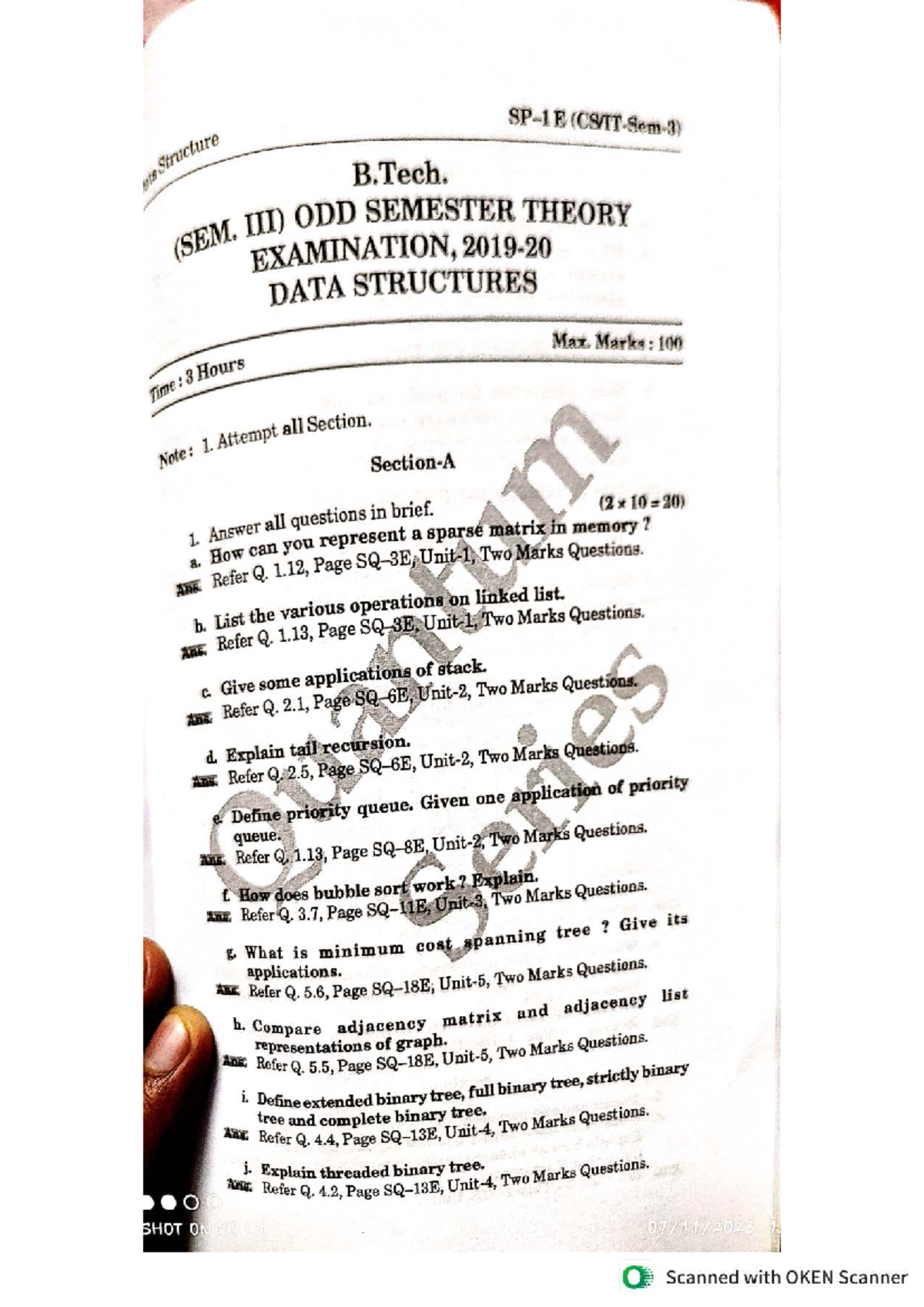 B.Tech. SEM. 11D ODD SEMESTER THEORY EXAMINATION, DATA STRUCTURES PYQ ...