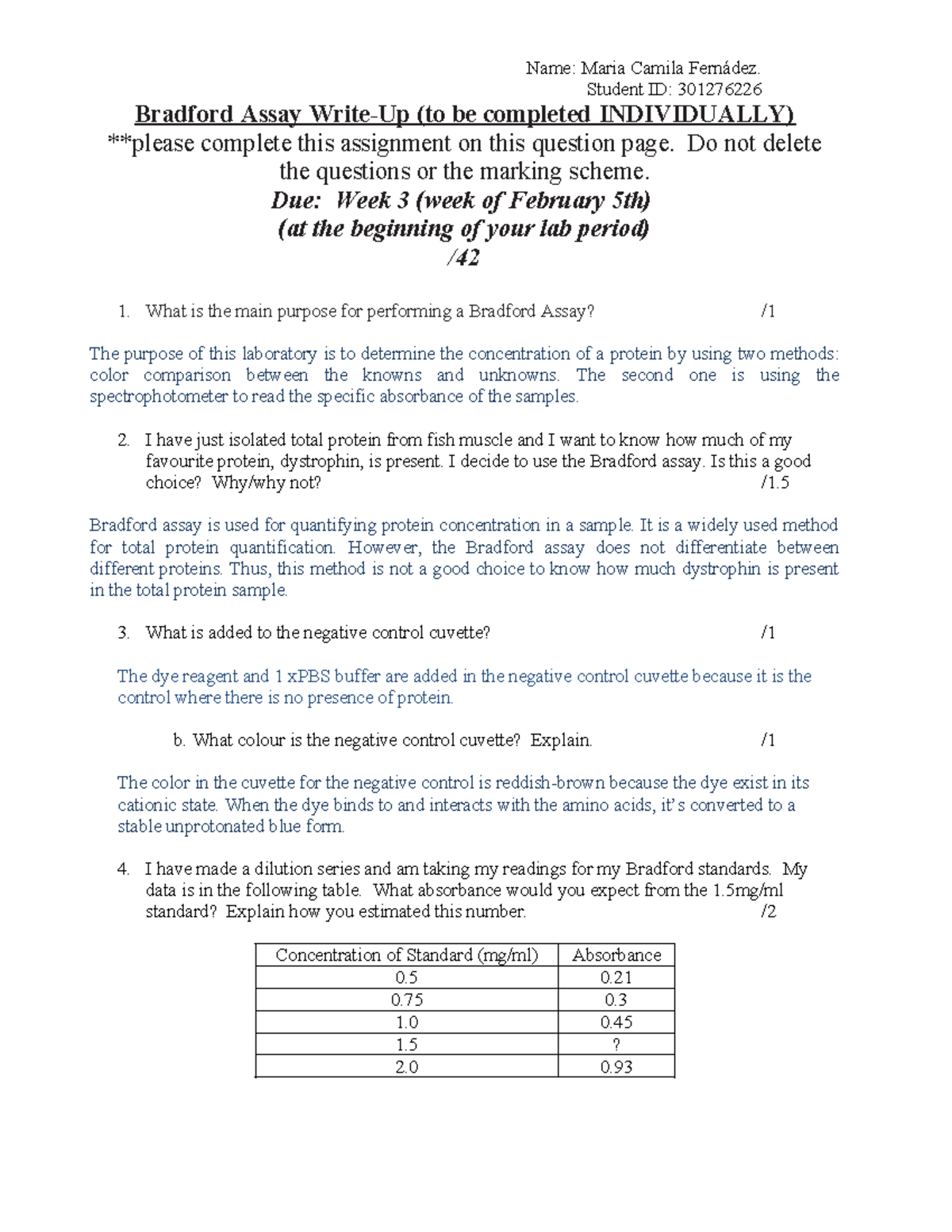 Protein Quantification Lab Report: Bradford Assay Method (BIOL 301 ...