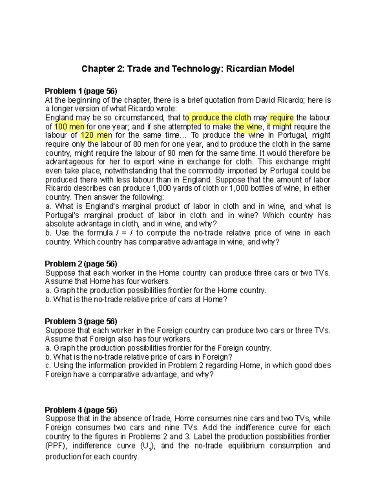 Problem Set IE: Trade & Technology - Ricardian Model Analysis - Studocu