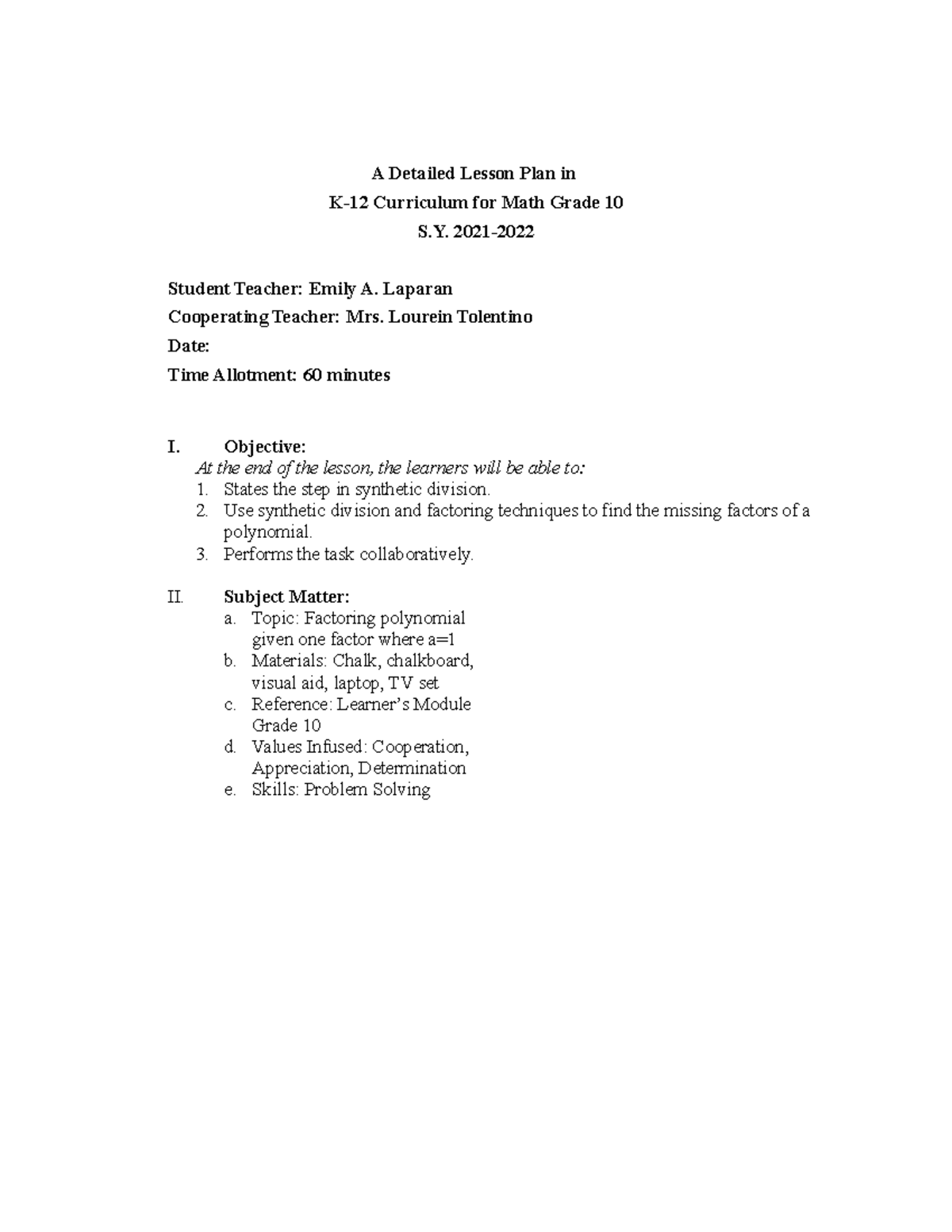 Detailed Lesson Plan on One-Factor Polynomial for Math G10 S.Y. 2021 ...