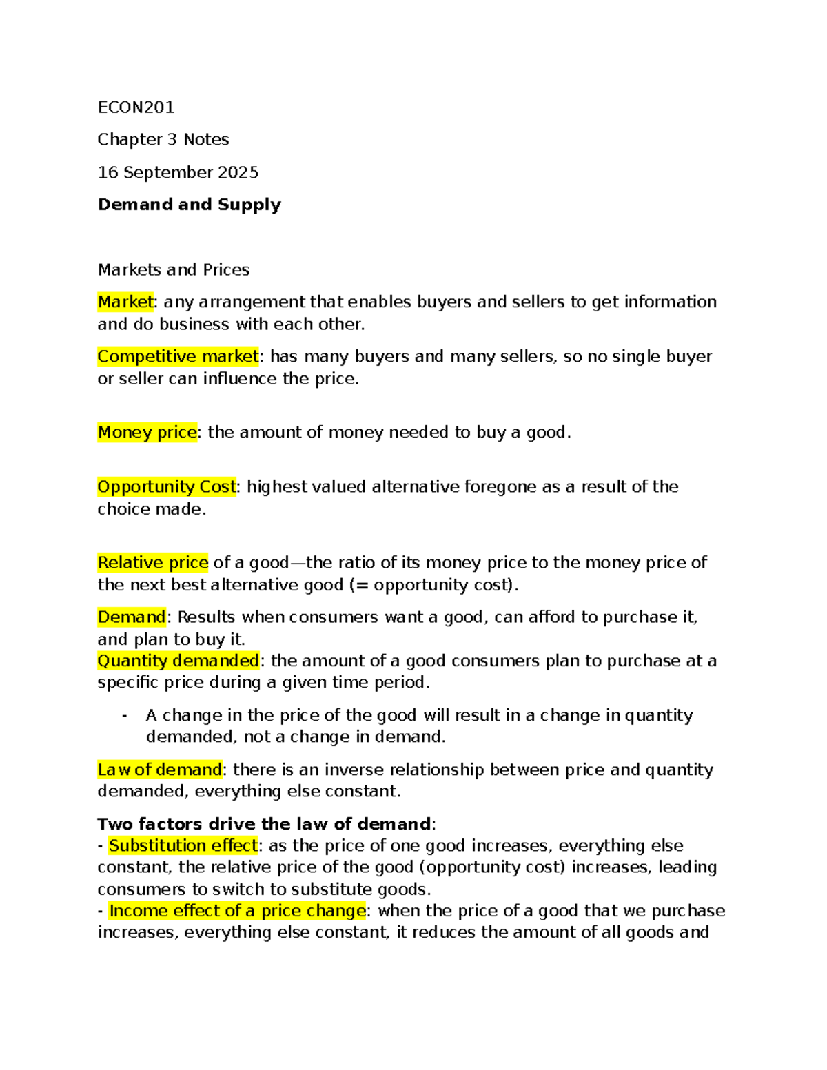 ECON201 Chapter 3 Notes: Demand, Supply, and Market Equilibrium - Studocu