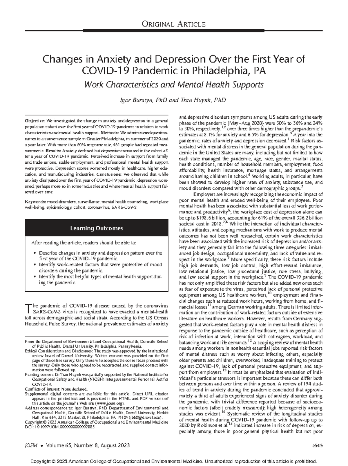 Changes in Anxiety and Depression During COVID-19 (JOEM_230368 ...