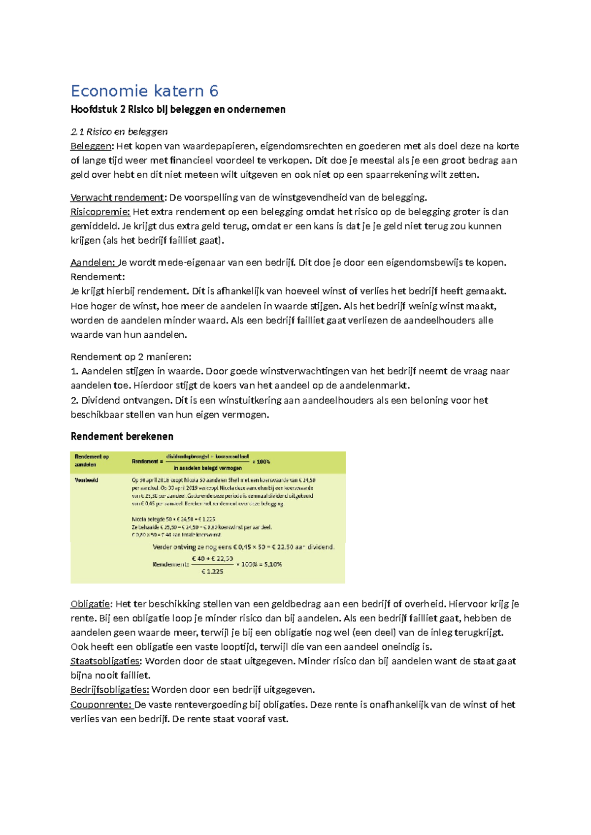 Economie Katern 6: Risico's van Beleggen en Ondernemen (Hoofdstuk 2 ...