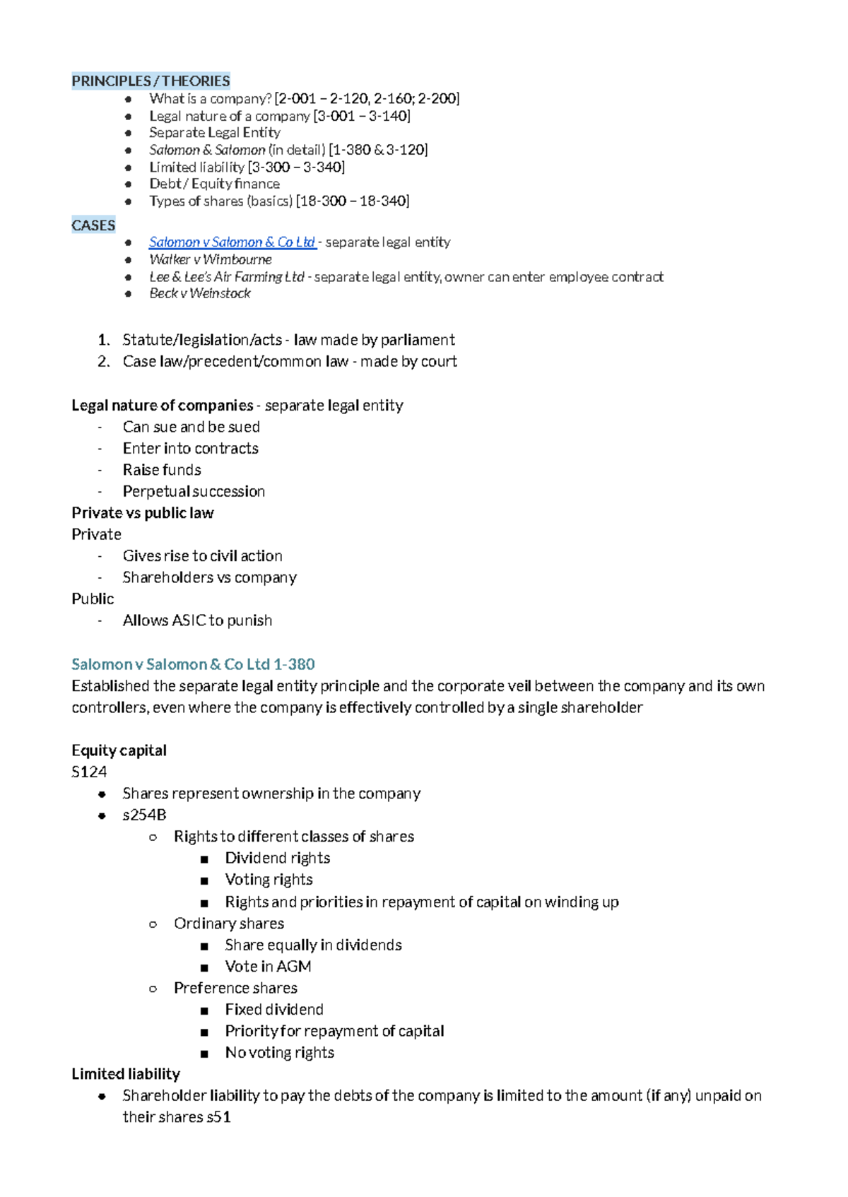 COMP 101: Principles & Theories of Company Law - Topic 1 Notes - Studocu