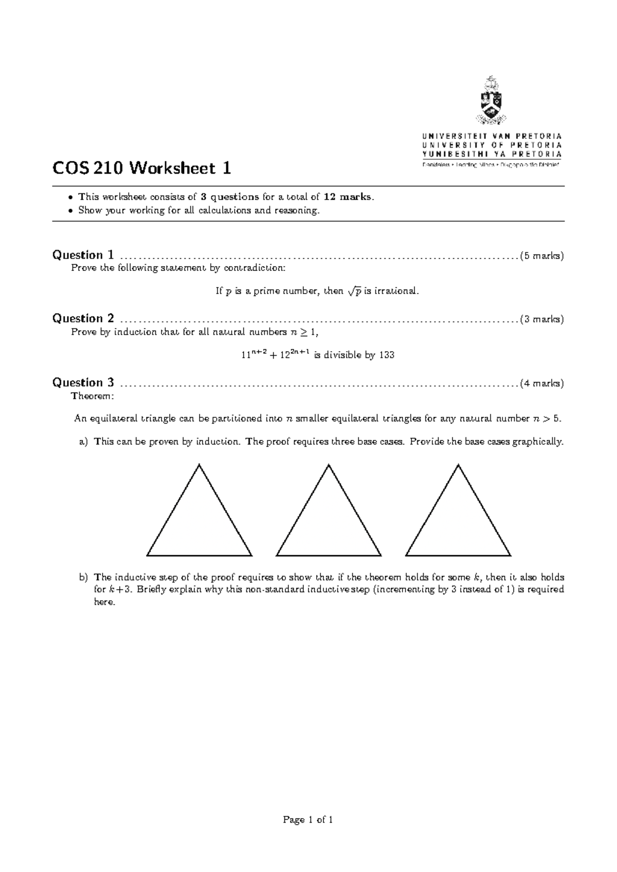COS 210 Worksheet 1: Proof Techniques and Induction Problems - Studocu