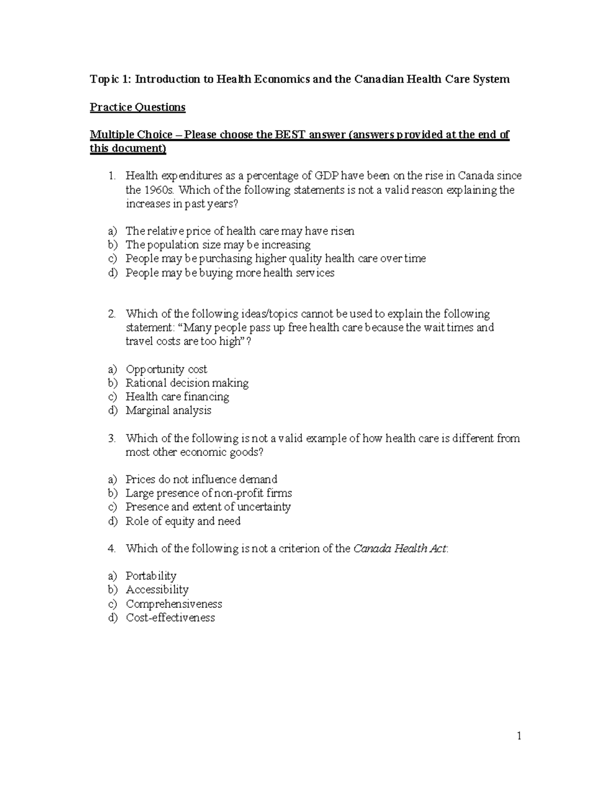 Health Economics & Canadian Health Care System - Topic 1 Practice Qs ...