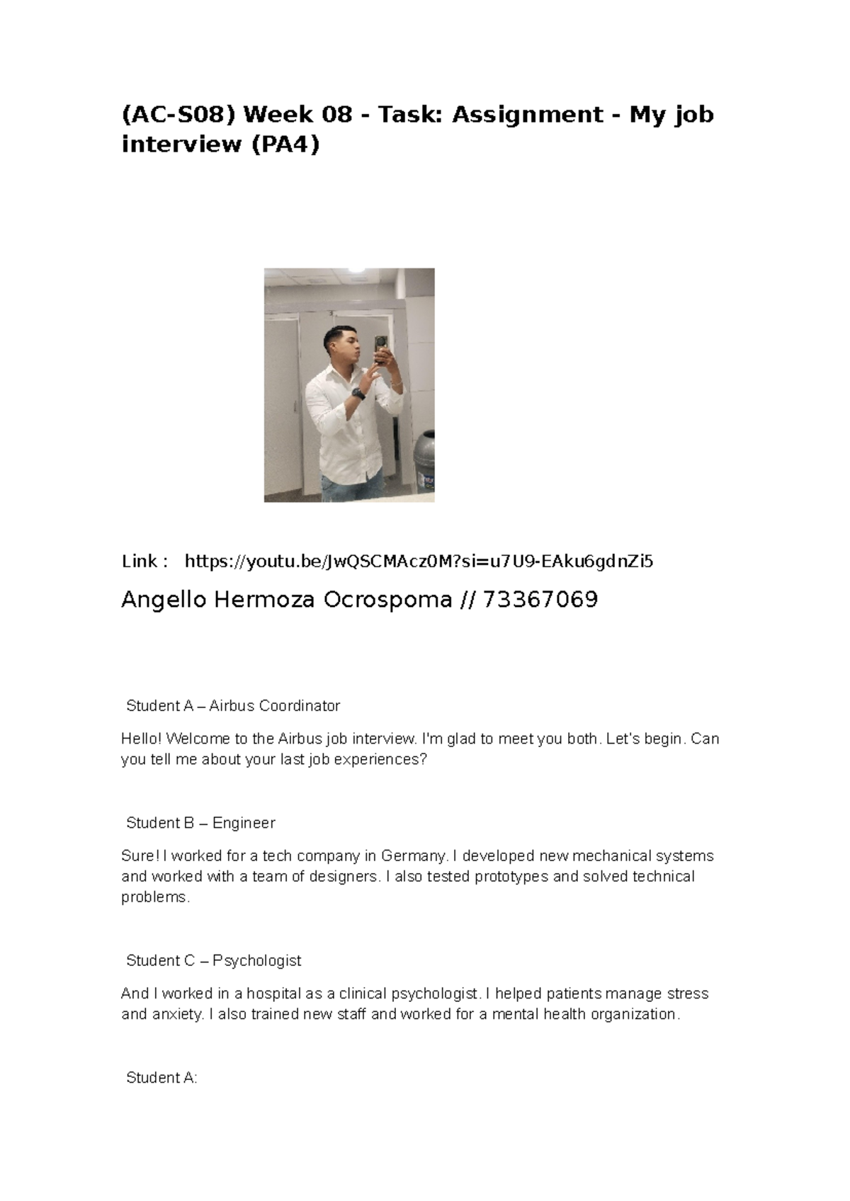 PA4: Week 08 Assignment - Job Interview Insights and Experiences - Studocu