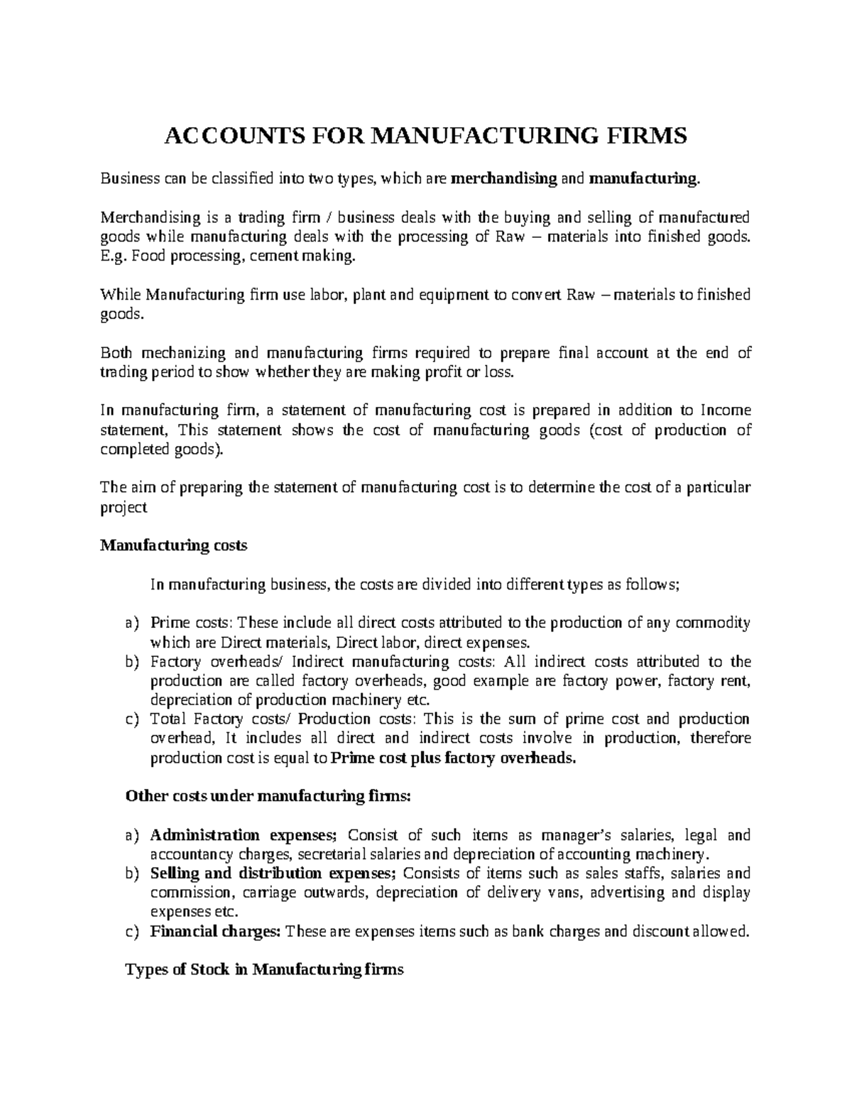 Manufacturing Accounts Overview - Bookkeeping Notes for ACC 101 - Studocu