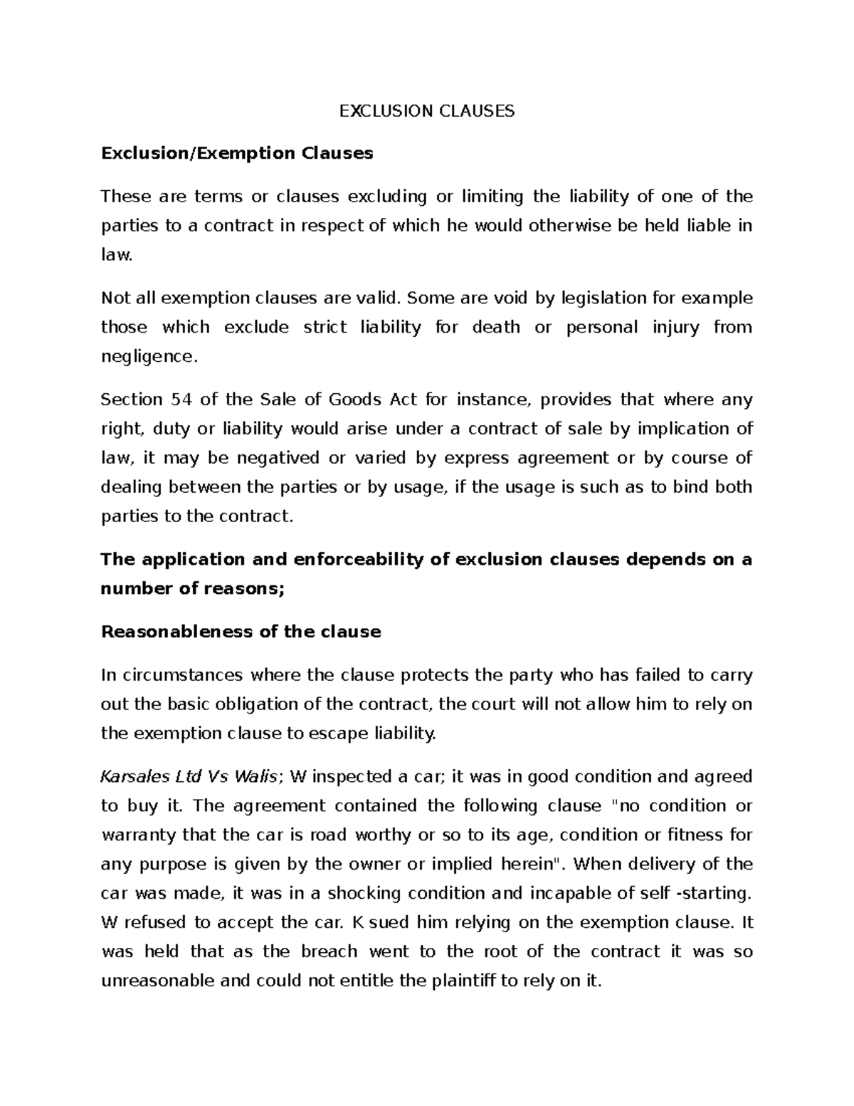 Law 101: Exclusion Clauses and Their Enforceability in Contracts - Studocu