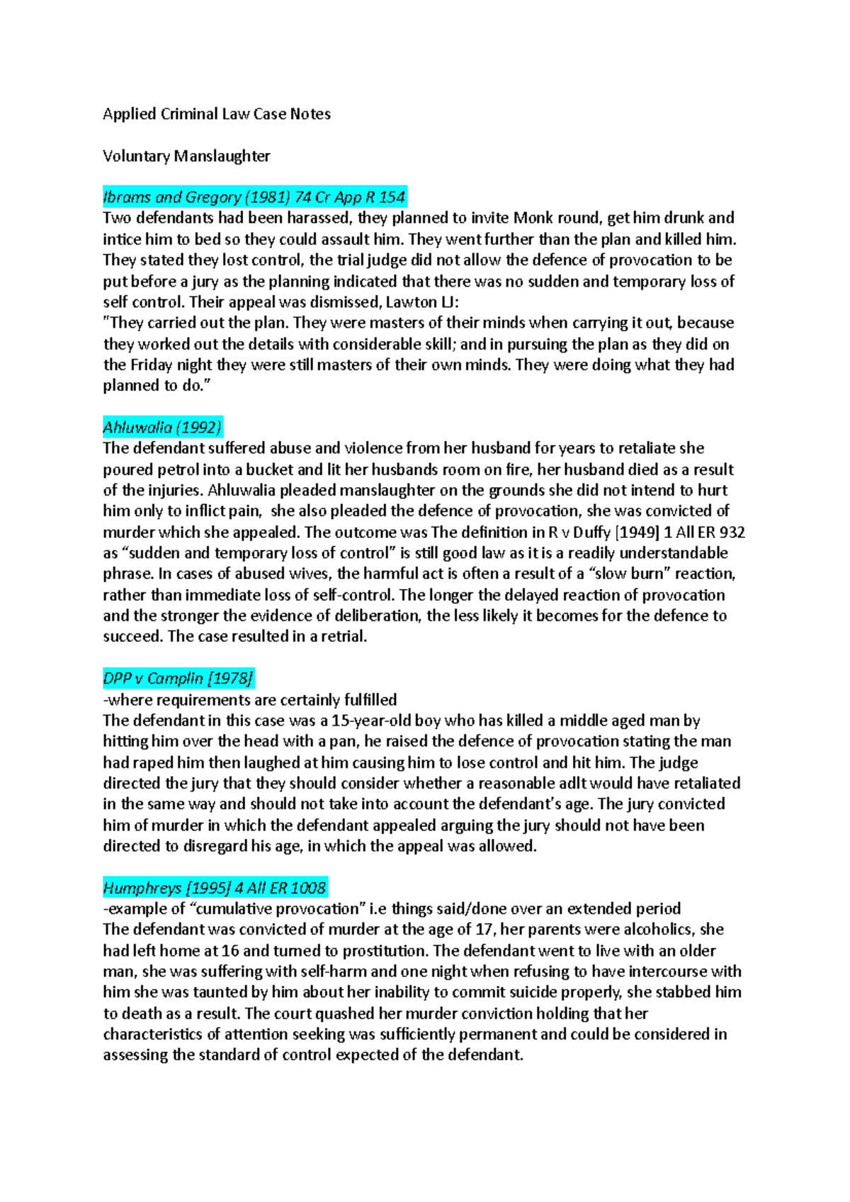 Applied Criminal Law Case Notes: Key Cases & Provocation Analysis - Studocu