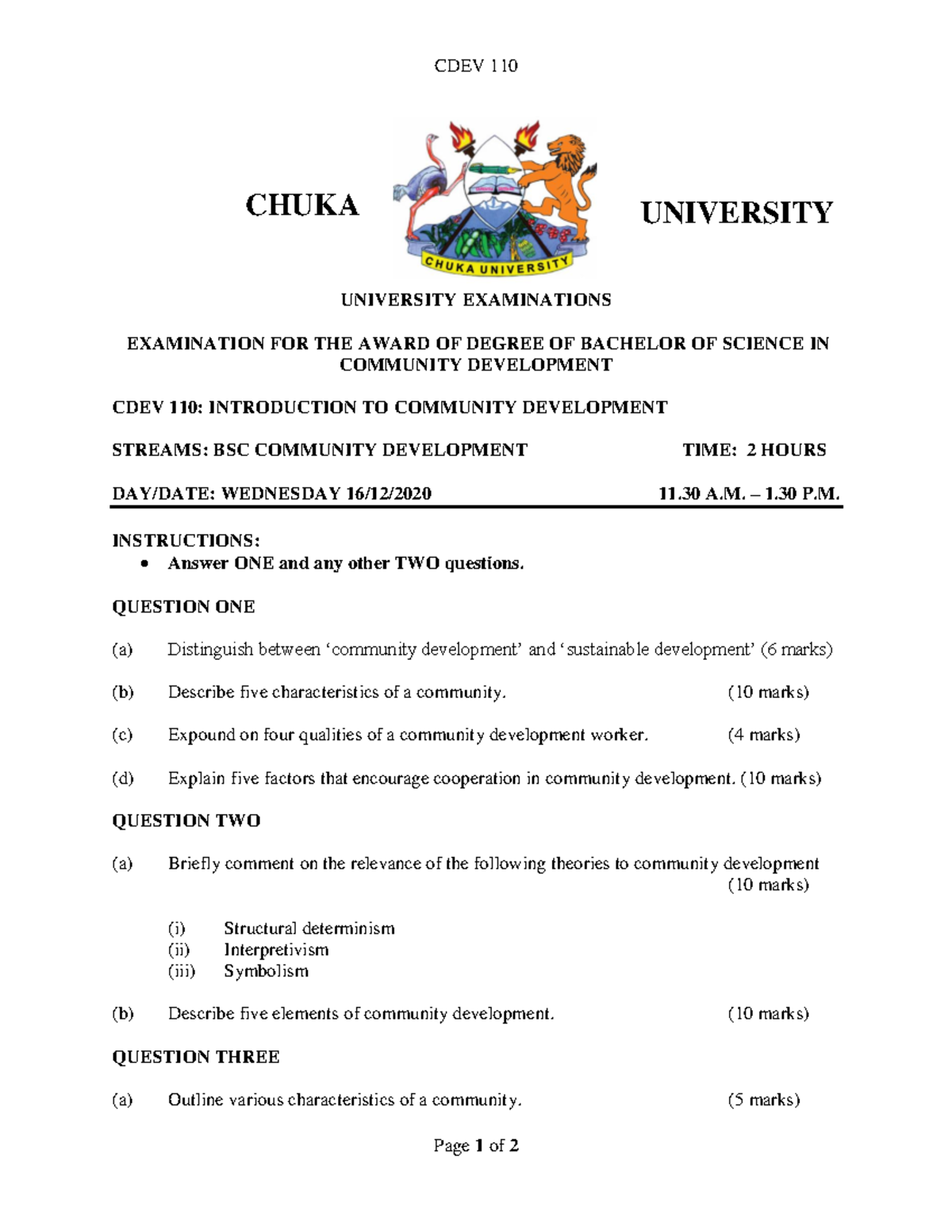 CDEV 110 - Community Development Exam Notes and Guidelines - Studocu