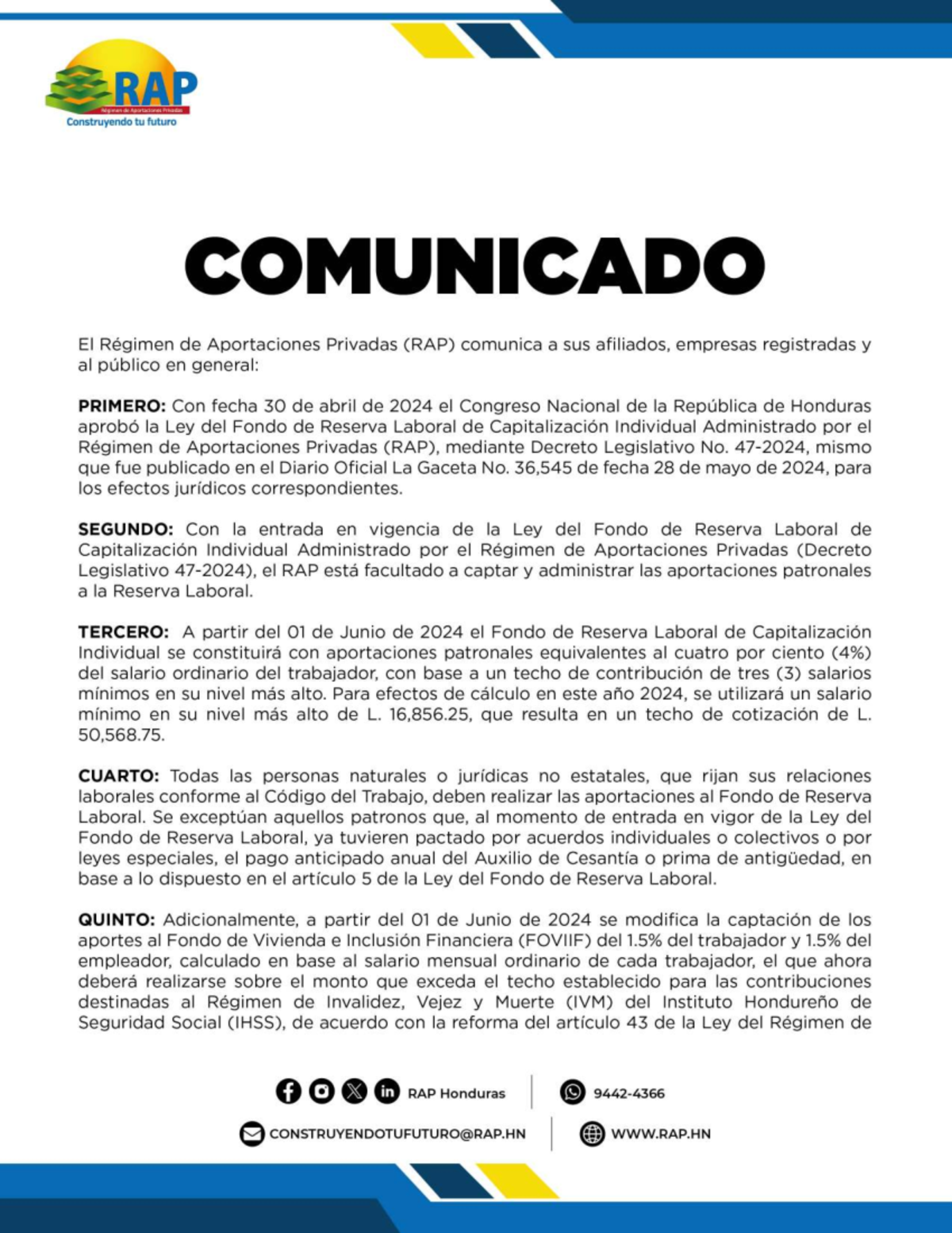 RAP Comunicado sobre el Fondo de Reserva Laboral 2024 - Studocu