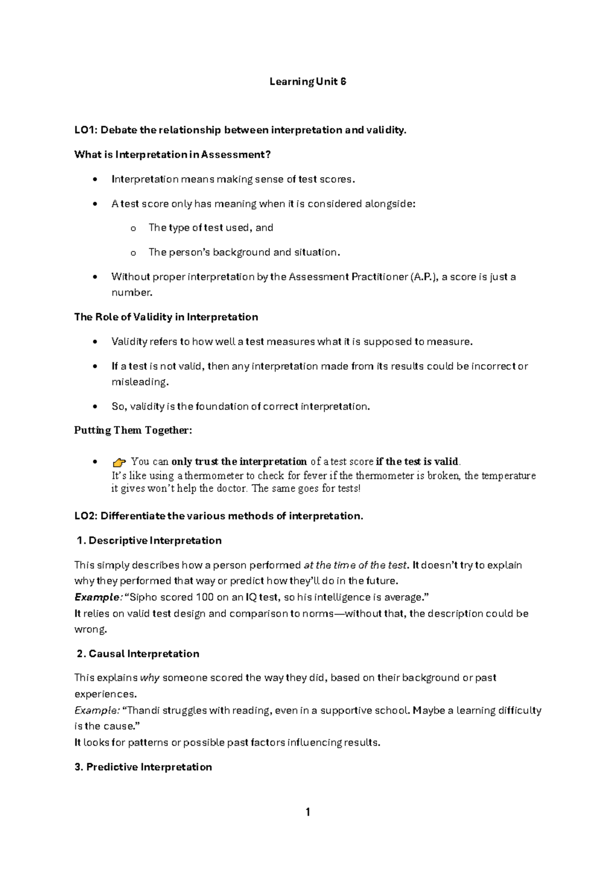 Learning Unit 6 & 4: Interpretation, Validity, and Assessment Methods ...
