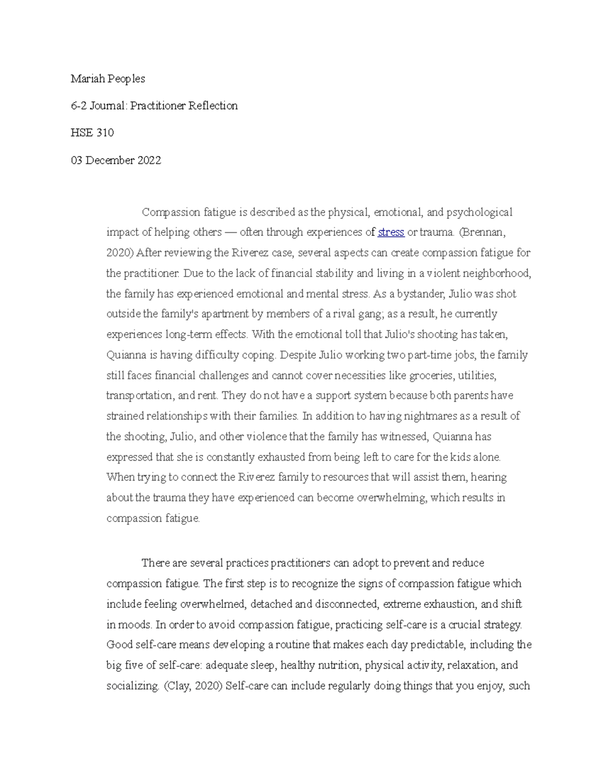 Practitioner Reflection on Compassion Fatigue - HSE 310 Journal 6-2 ...