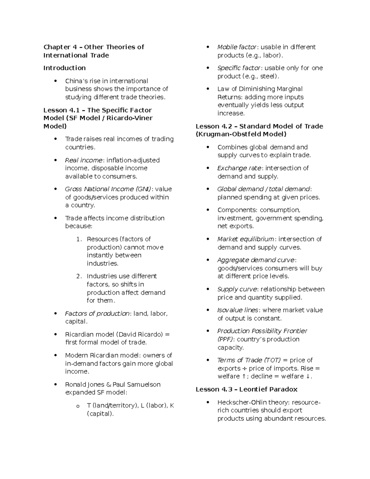 IBT - Midterm Exam Notes: Theories of International Trade - Studocu