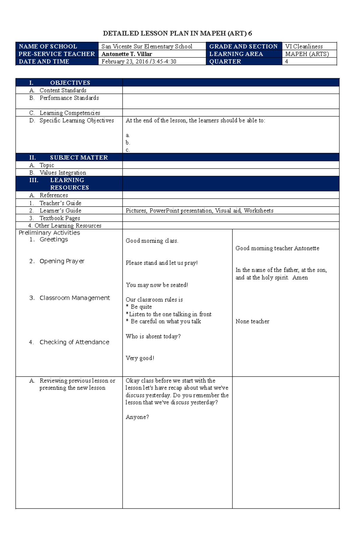 DETAILED LESSON PLAN IN MAPEH (ART) 6 - San Vicente Sur Elem. - Studocu