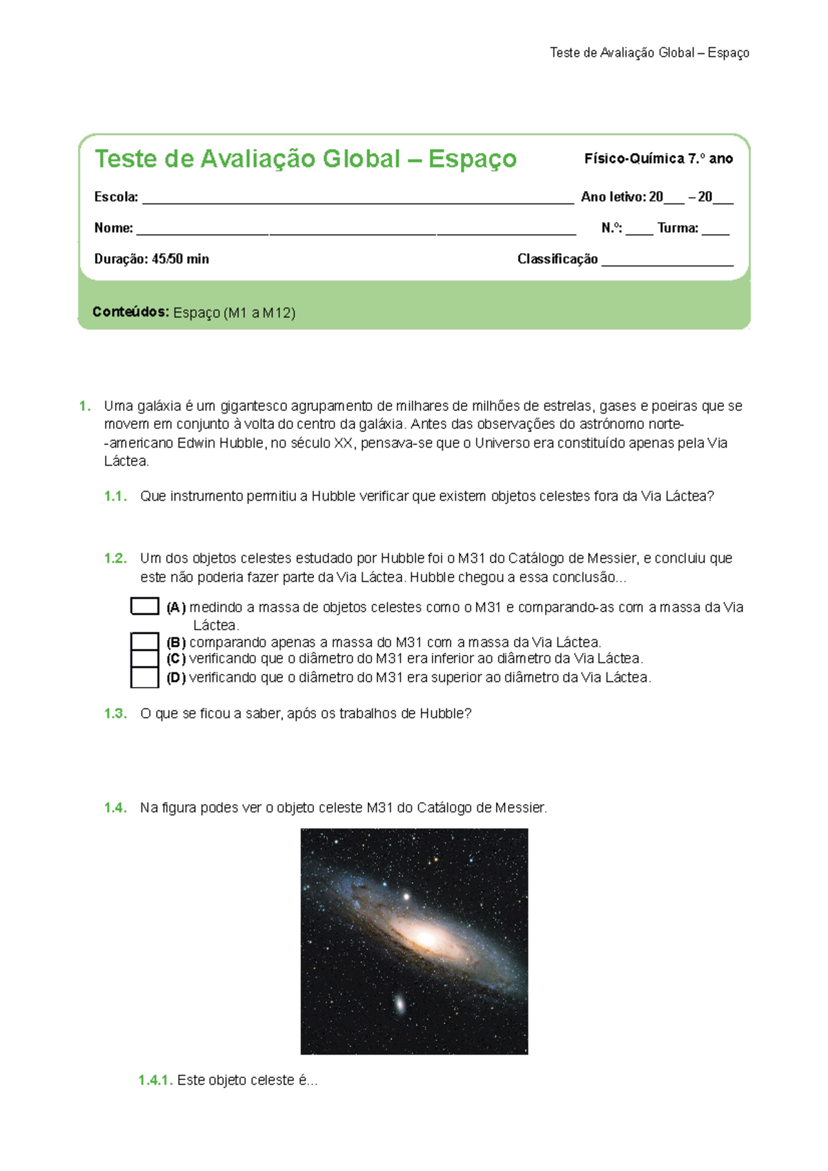Teste de Avaliação Global - Espaço Físico-Química 7.º Ano - Document Preview