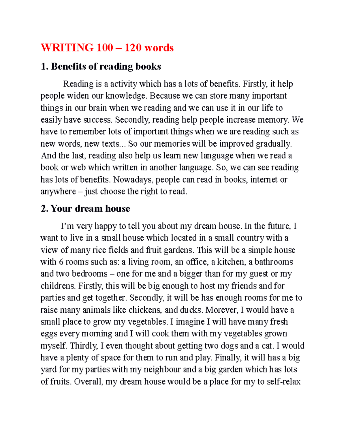 Writing 100 - Speaking Contest - WRITING 100 – 120 words 1. Benefits of ...