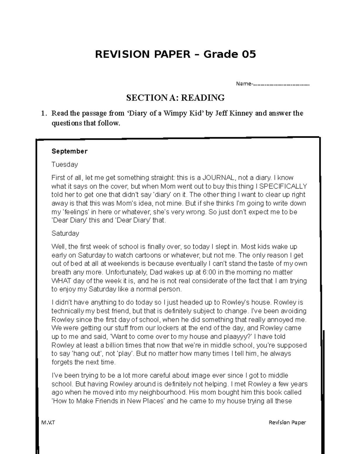 Grade 5 Revision Paper: Reading, Grammar, & Writing Skills Review - Studocu
