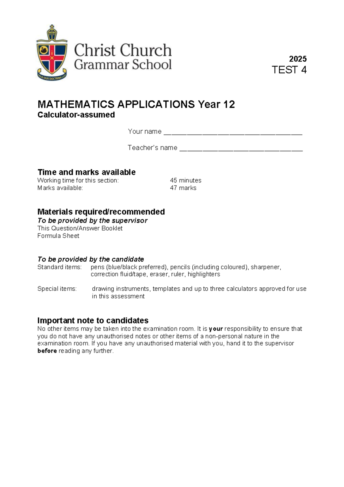 2025 Year 12 Mathematics Applications Test #4 - Studocu