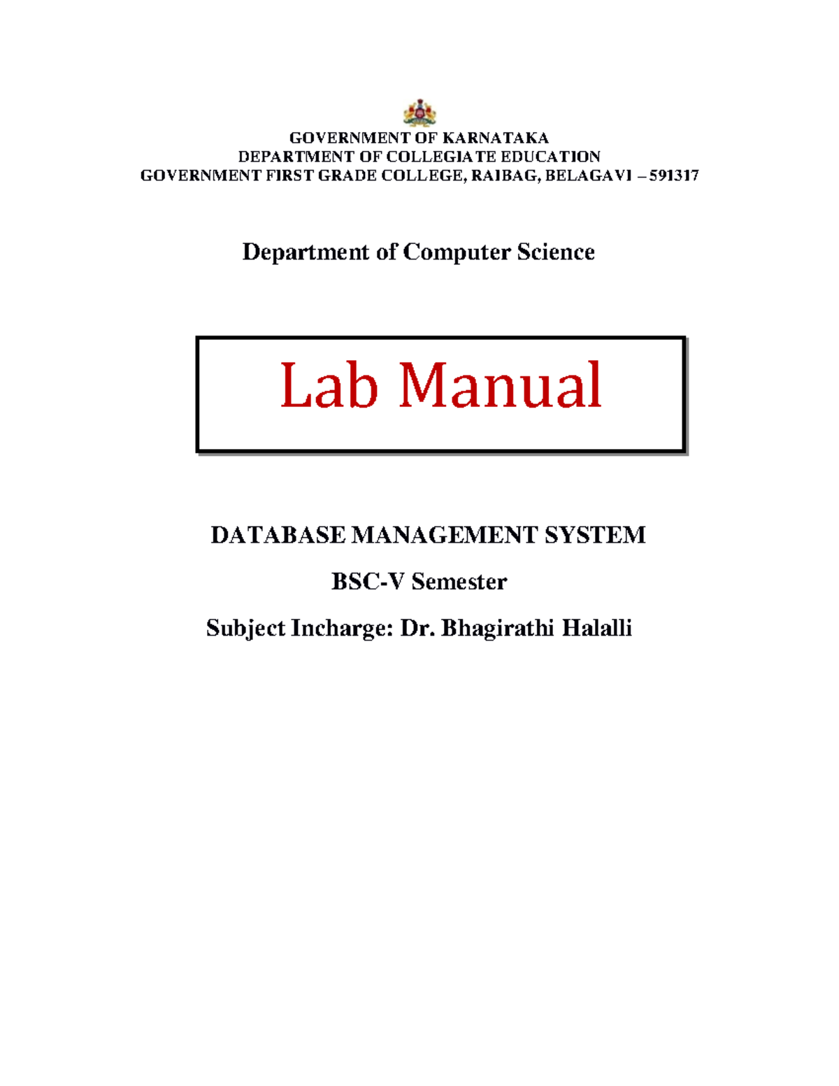 Database management system lab manual - GOVERNMENT OF KARNATAKA ...