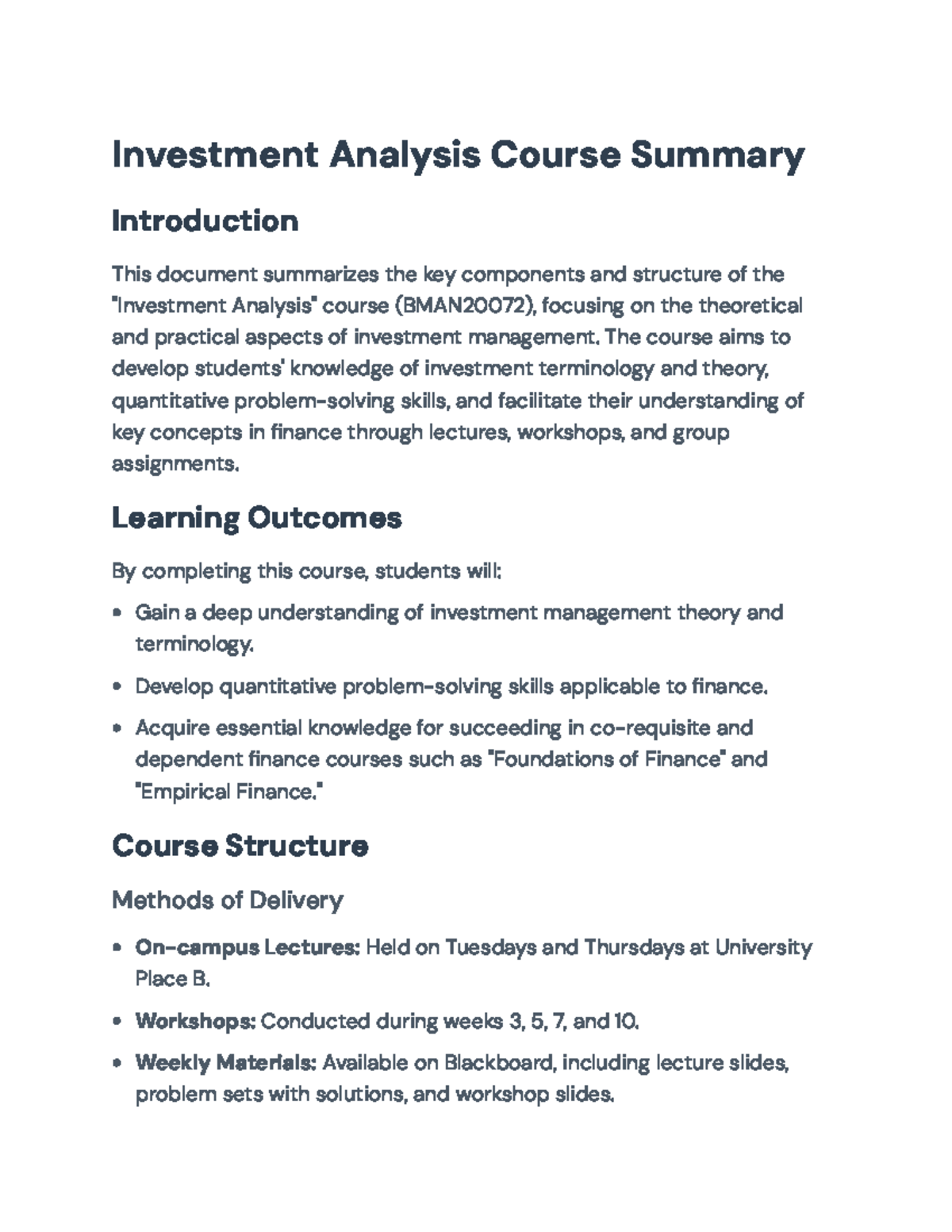 Investment Analysis Course Summary (BMAN20072): Key Concepts ...