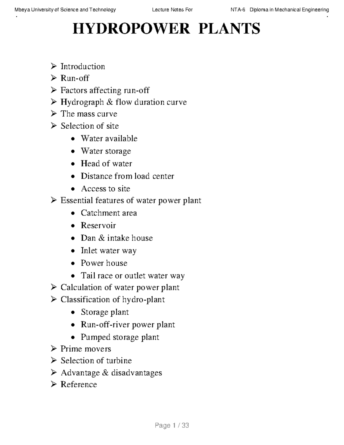 Hydro Power Plant Lecture Notes for Diploma in Mechanical Engineering ...