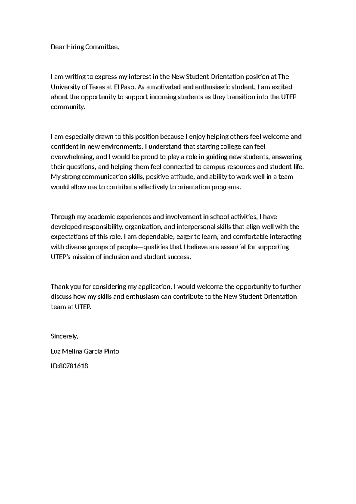Copia de Cover Letter - UTEP New Student Orientation Application - Studocu