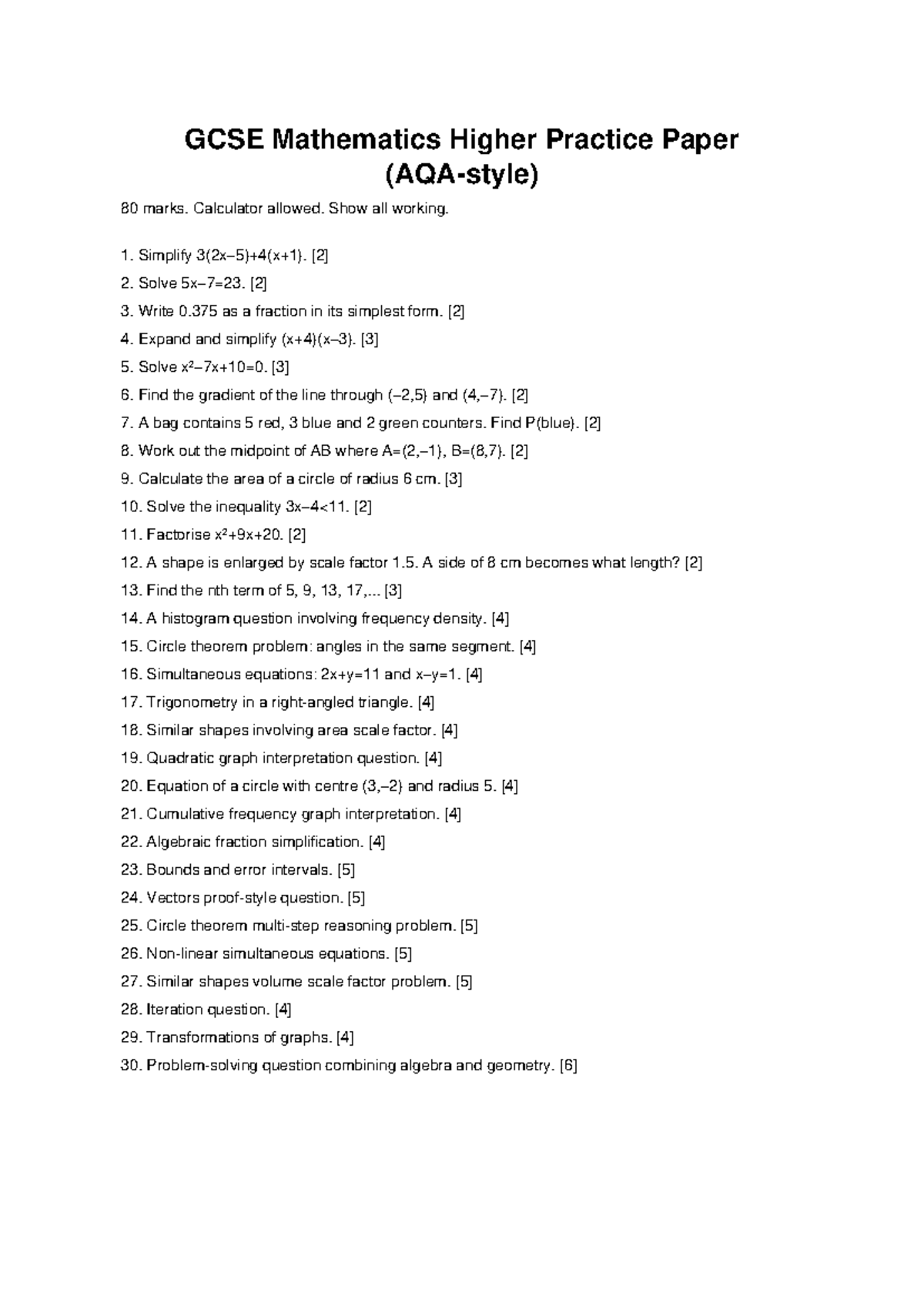 AQA GCSE Maths Higher Practice Paper: 80 Marks Practice Questions - Studocu