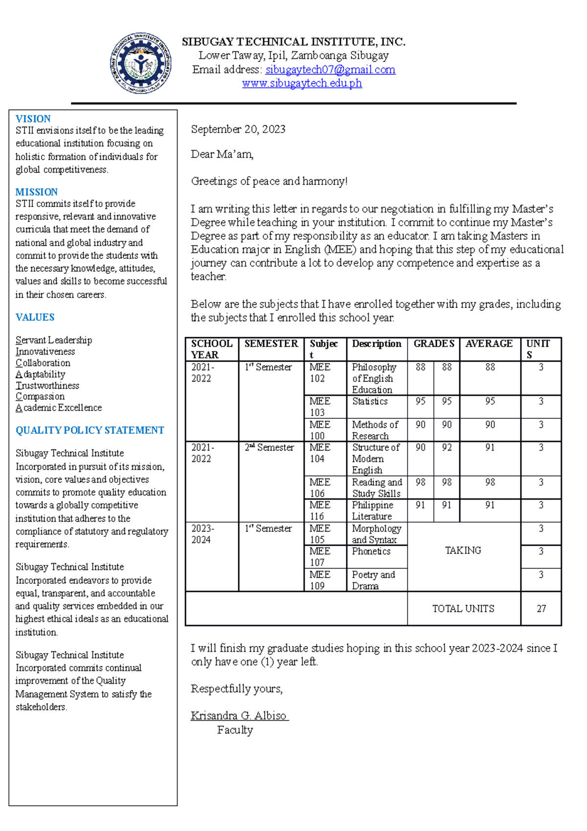 Masteral Letter for MEE Degree Progress Update - Studocu