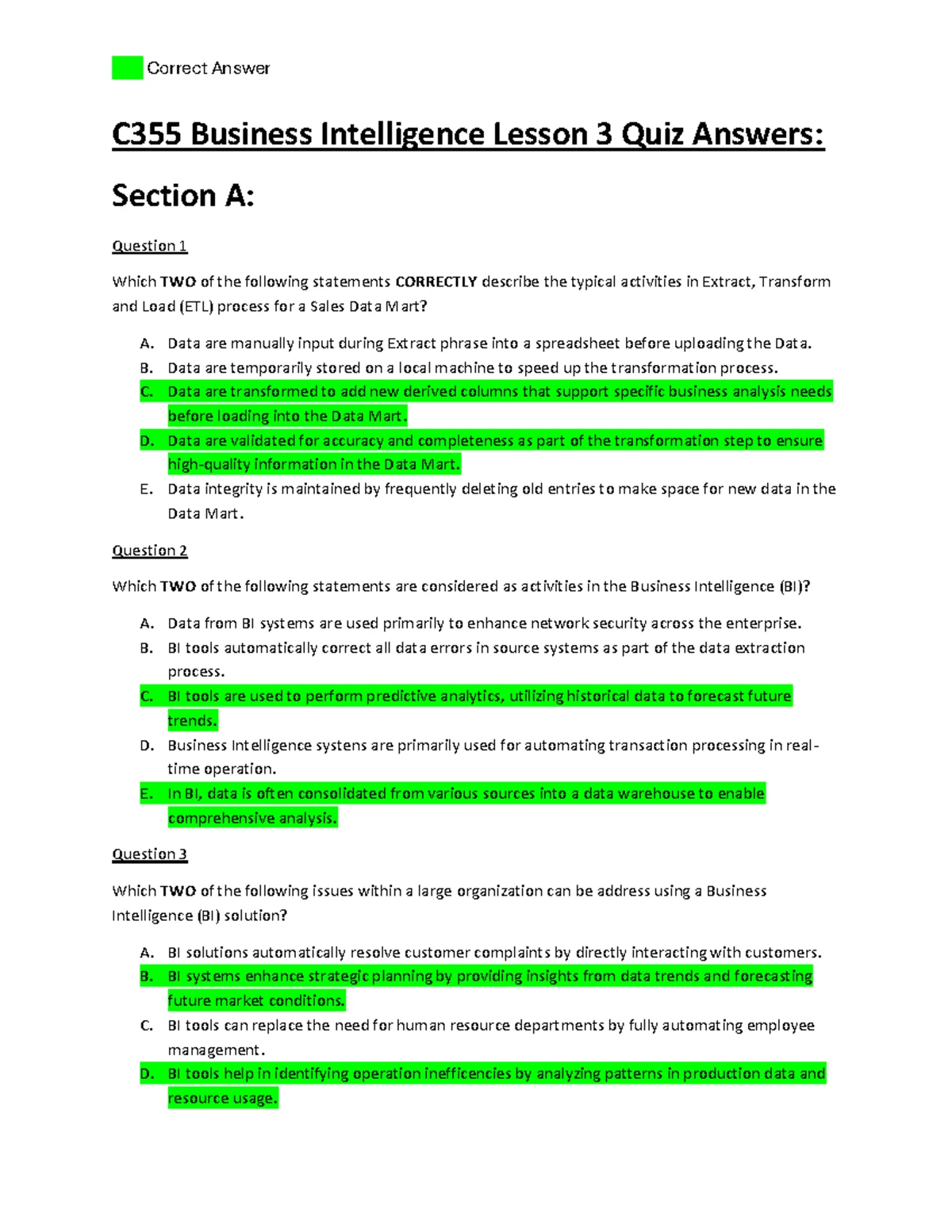 C355 Lesson 12 Quiz Answers: Statistics & Data Analysis Insights - Studocu
