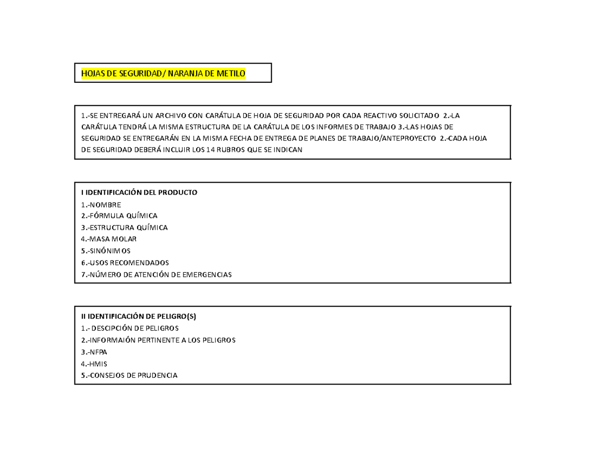 Hojas DE Seguridad Formato 14 Rubros - HOJAS DE SEGURIDAD/ NARANJA DE