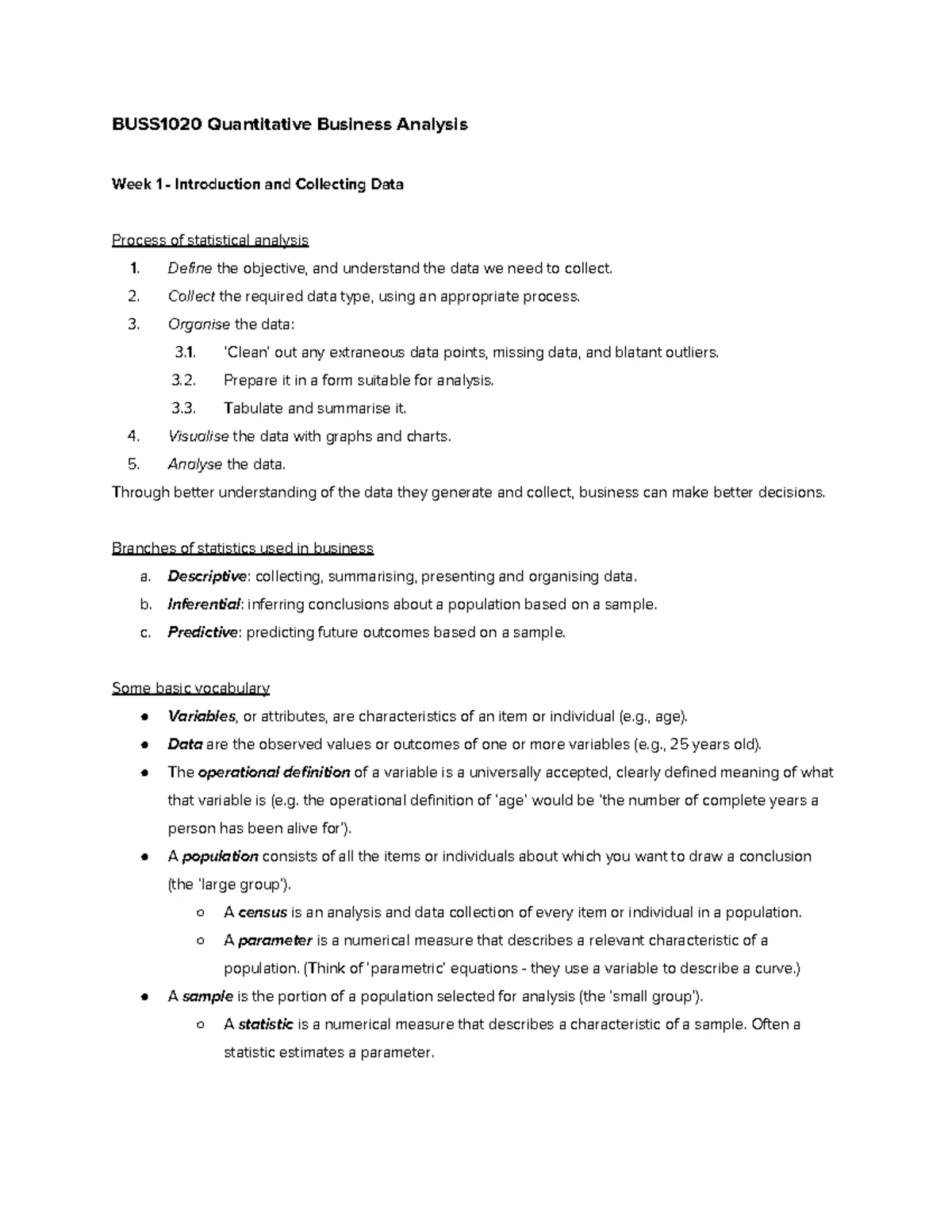 BUSS1020 - Quantitative Business Analysis Semester Notes - Studocu