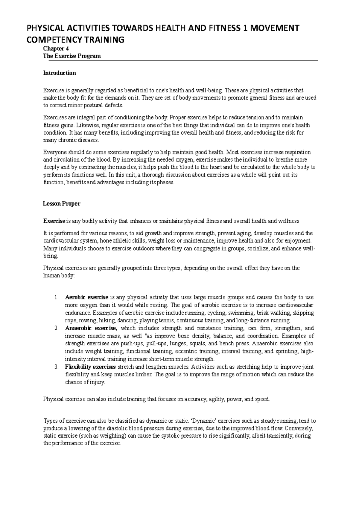 Chapter 4 Pathfit 1 - vgrg - COMPETENCY TRAINING Chapter 4 The Exercise ...