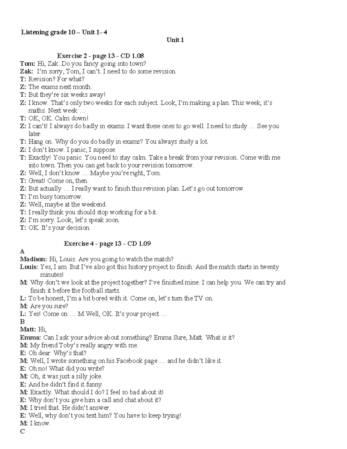 Listening Grade 10 - Unit 1 to 4 Exercises and Dialogues - Studocu