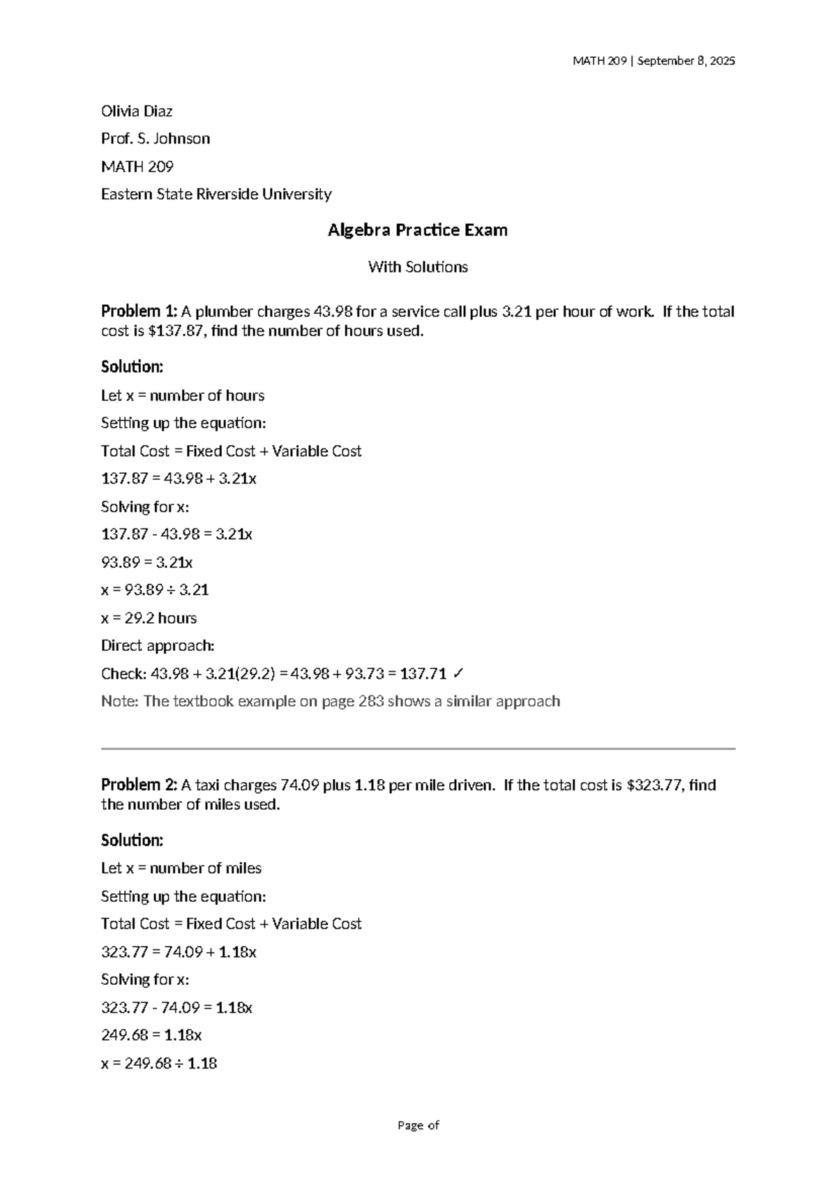 MATH 209 Algebra Practice Exam Solutions - September 2025 - Studocu
