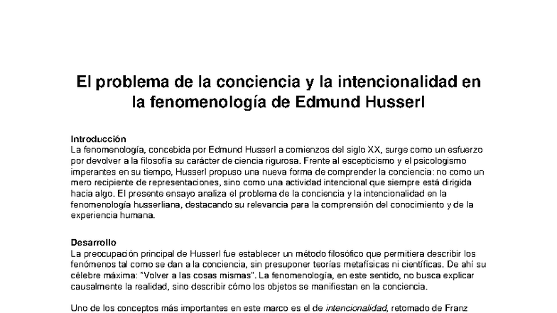 Ensayo sobre la Conciencia e Intencionalidad en Fenomenología (PHI101 ...