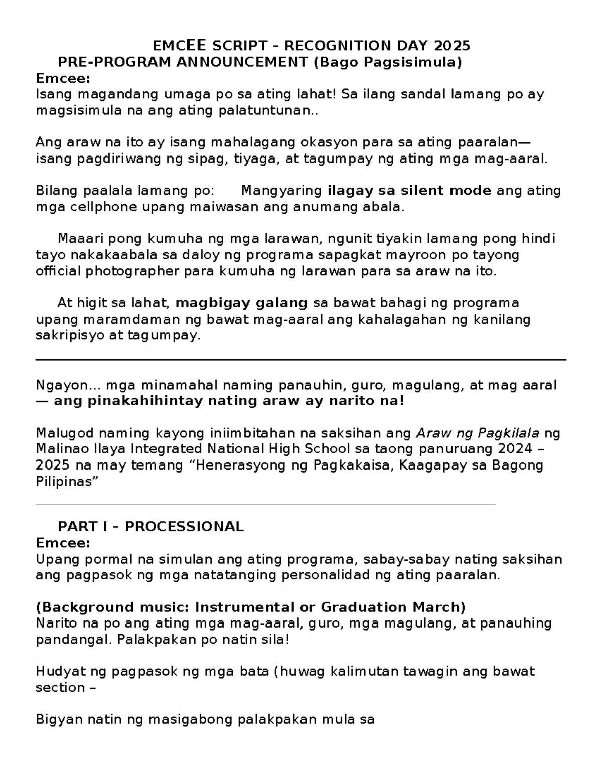 EMCEE SCRIPT PARA SA ARAW NG PAGKILALA 2025 (Bago Pagsisimula) - Studocu
