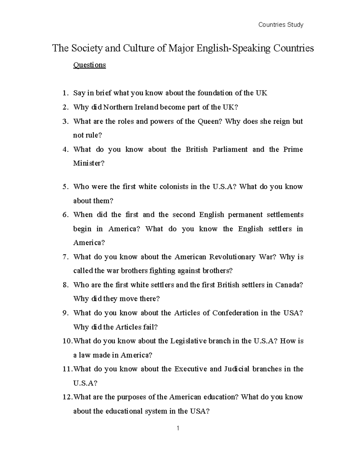 Countries Study: Society & Culture of Major Nations - Questions - Studocu
