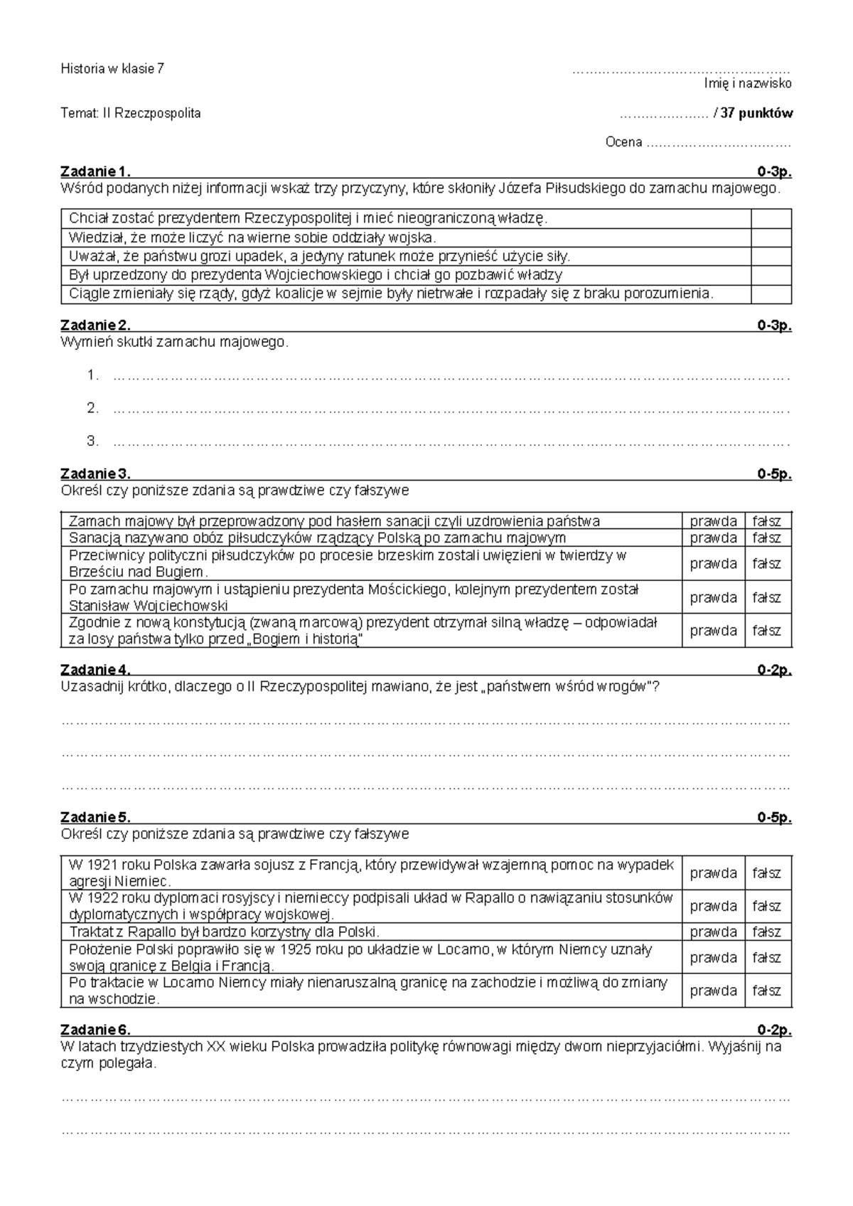Sprawdzian Historia Ii Rzeczpospolita 1 Liceum www.studocu.com