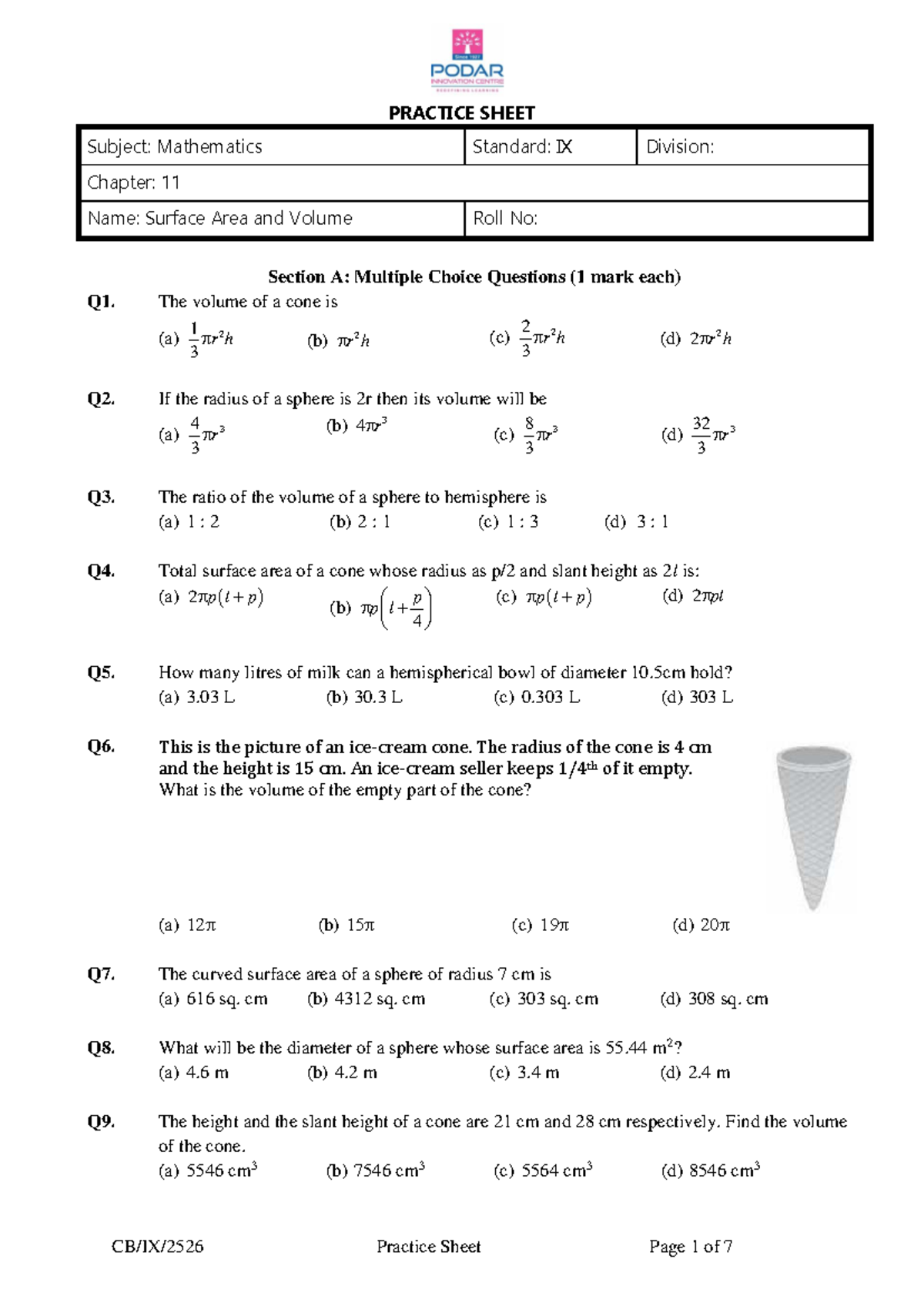 CB IX Math Chapter 11: Surface Area and Volume Practice Sheet - Studocu