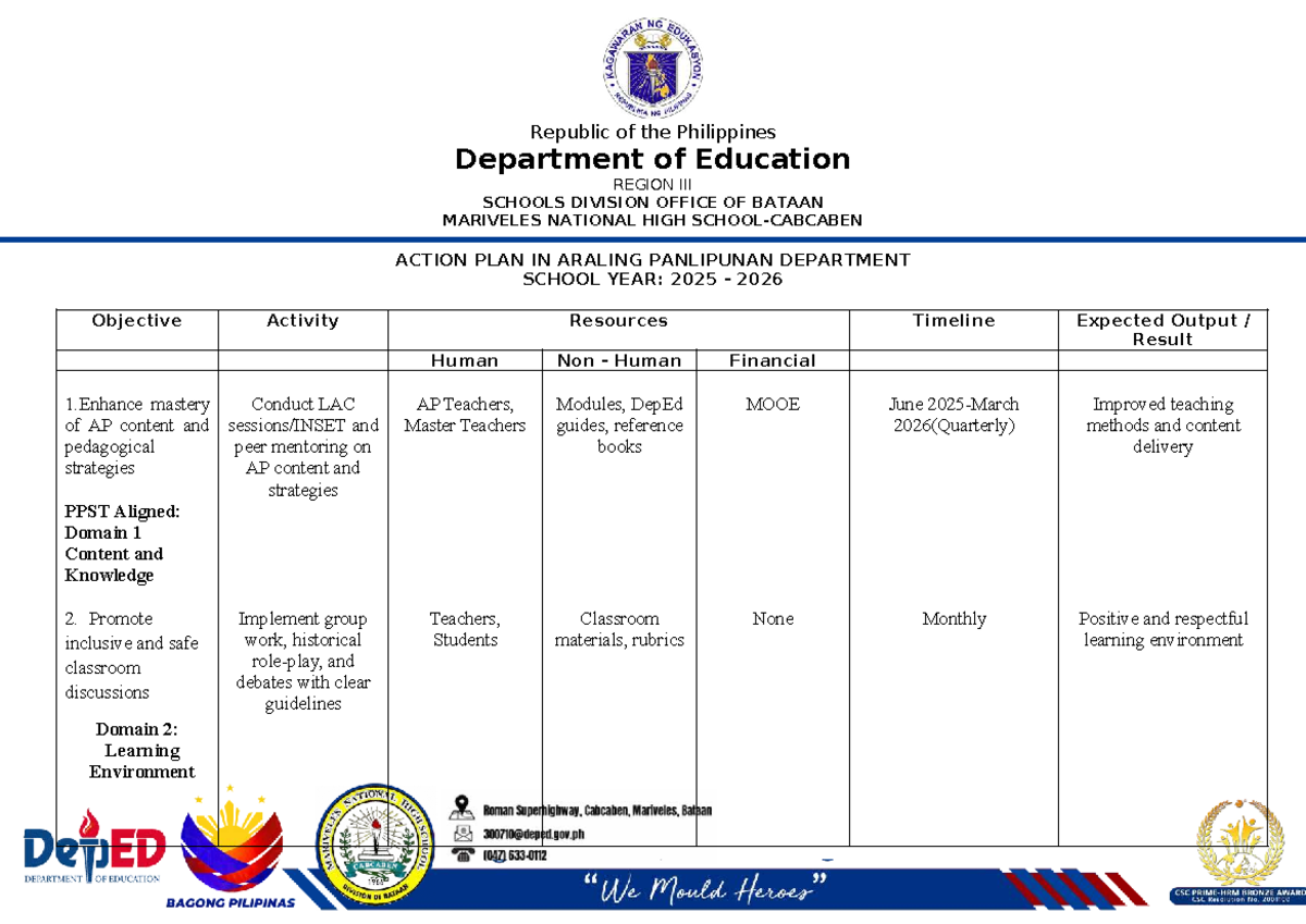 Action Plan for Araling Panlipunan (AP) Department SY 2025-2026 - Studocu