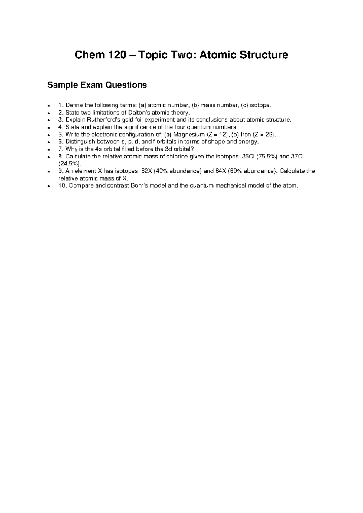 Chem 120 Topic 2: Atomic Structure Sample Exam Questions - Studocu