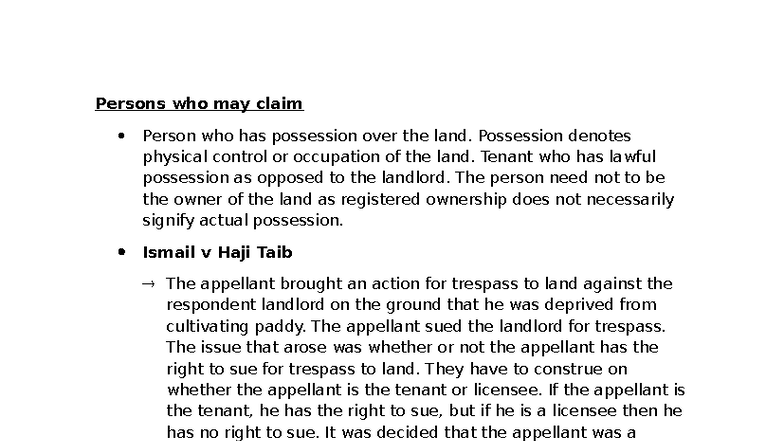 Tort Law Topic 2: Possession and Trespass Cases Analysis - Studocu