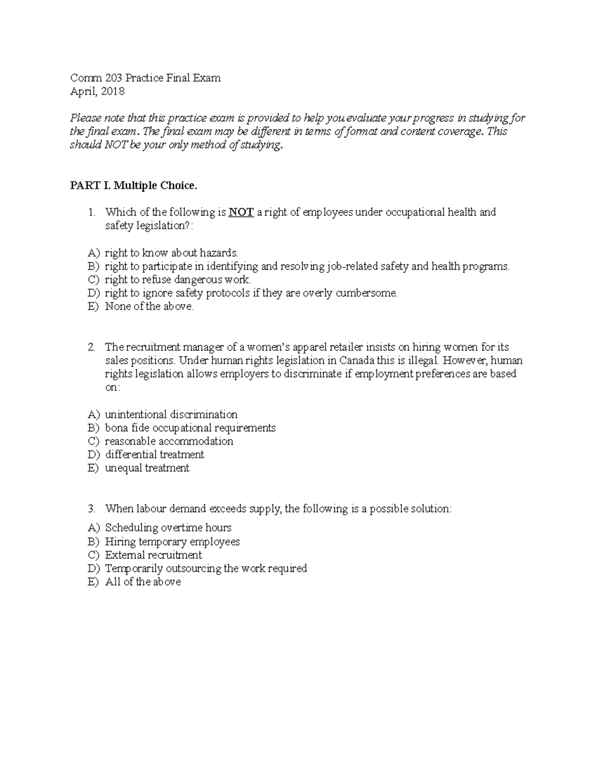 Comm 203 Practice Final Exam 2018 - Comm 203 Practice Final Exam April ...